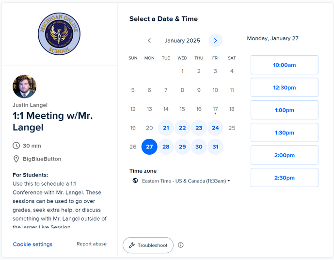 Calendly date and time selection